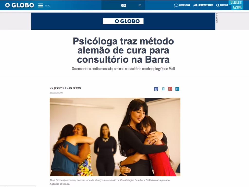 Entrevista concedida ao Jornal O Globo Tema: "Psicóloga Traz Método Alemão de Cura para Consultório na Barra" ​ Publicado em 07/ 02/ 2016